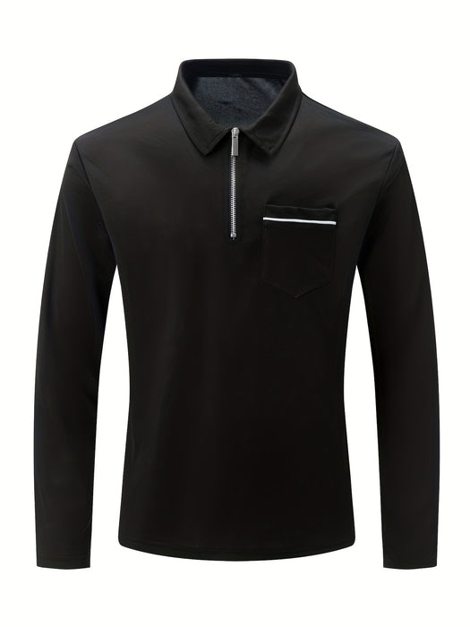 Men's Casual Long Sleeve Zipper Lapel Shirt with Chest Pocket, Spring/Fall Outdoor Wear