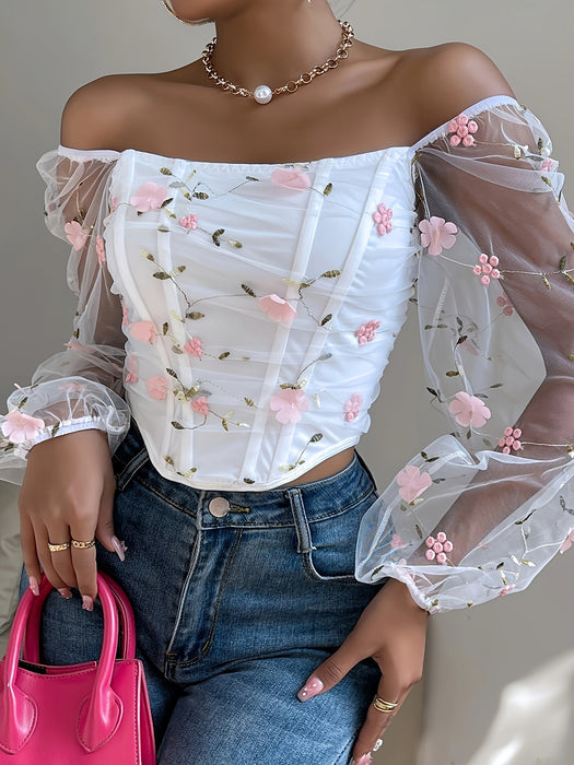 Off-the-Shoulder Contrast Mesh Floral Embroidered Sheer Bodice with Boning Details, Polyester Blend Raglan Long Sleeve Top with Medium Stretch - Elegant all-season Pullover