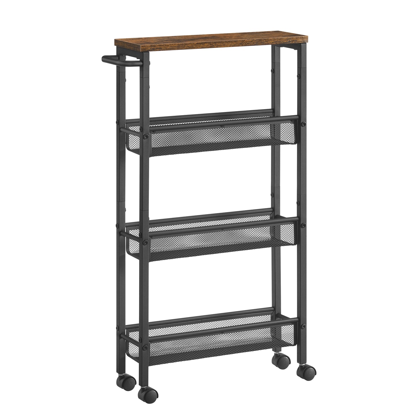 VASAGLE 4-Tier Steel Rolling Storage Cart with Hardwood Top, Rustic Brown & Black, Slim 5.1" Deep Organizer, with Wood-Based Panel & Metal Frame, for Kitchen, Dining, Living Room, Home Office