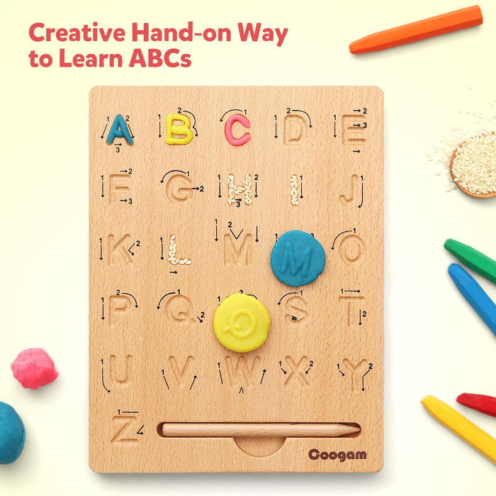Coogam Wooden Letters Practicing Board - Double-Sided Alphabet Tracing Tool - Educational Toy Game for Fine Motor Skills - For Preschool Kids Aged 3-5 Years - Perfect Gift for Learning ABCs