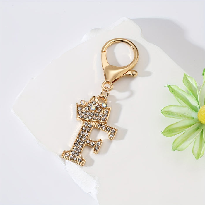 1pc Fashion Zinc Alloy Artificial Diamond Crown 26 English Letters Key Chain For Men, Bag Pendant To Friends