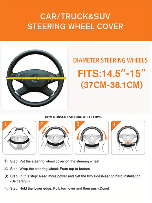 Embossed Faux Leather Car Steering Wheel Cover, Soft Comfortable Grip, Universal Fit 14.57-14.96inch Diameter, Automotive Accessory without Inner Ring