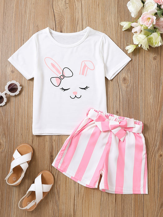 2pcs Toddler Girls Easter Cartoon Bunny Graphic T-Shirts Round Neck Short Sleeve Tees Top & Elastic Waist Belted Stripe Shorts Set Kids Summer Outdoor Clothes