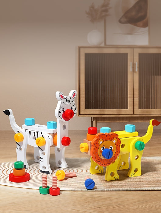 Kids' Wooden Animal Pattern Toolbox Toys With Hand Rope, Cute Cartoon Educational Toys For Boys Girls, Children's Building Block Assembly Toy, Birthday Gifts