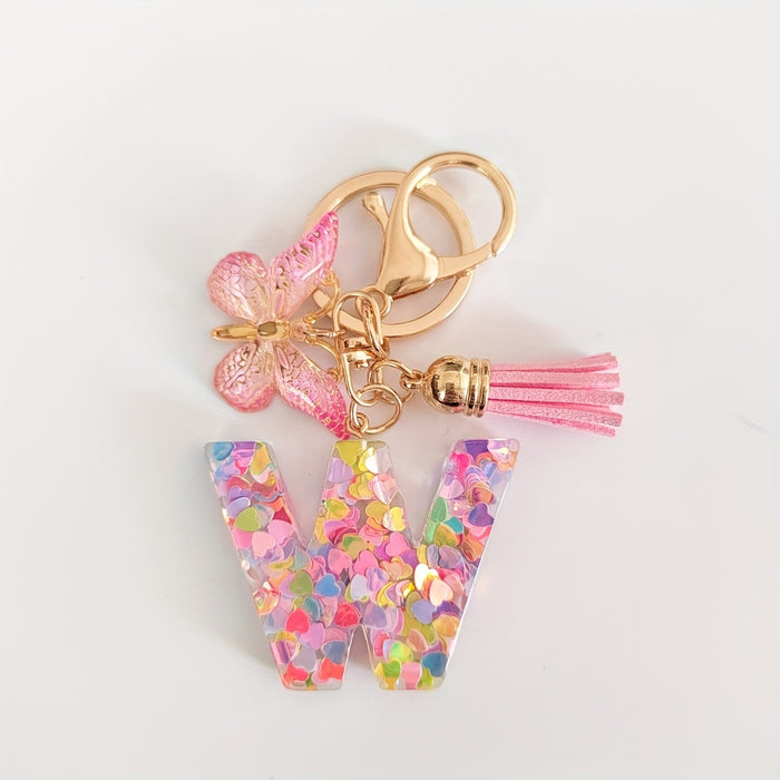 1pc Creative English Letter Pendant Keychain For Girls, Pink Sequin Drop Glue Butterfly Key Chain For Girls, Bag Car Key Ornament Christmas Gift
