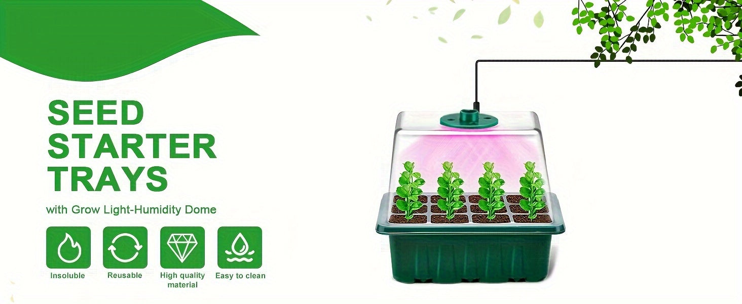 Seed Starter Disc with Growth Lamp, 2 Sets of Seed Germination Kits, with Adjustable Humidity Dome, Seedling Starter Disc with Heightening Lid, 8 Full Spectrum LED Bulbs for Indoor Plants, Mini Greenhouse for Seed Germination