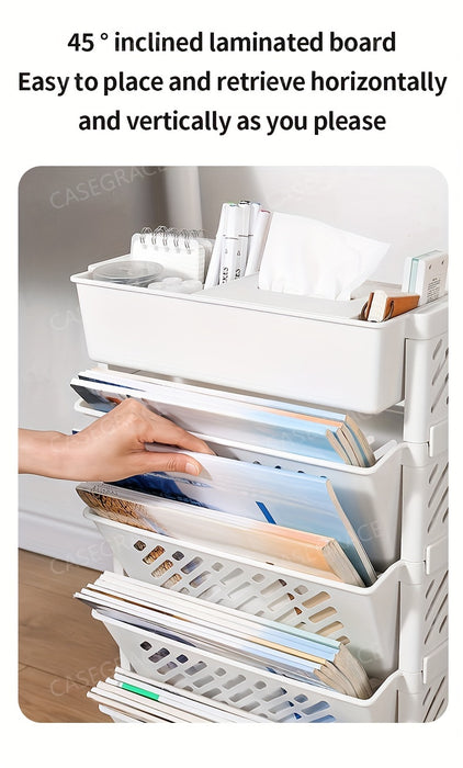 1pc Five-Level Bookshelf Shelf, Movable Desk Side Bookshelf, Floor Desk Small Cart, Book Storage Shelf, Office Study Supplies Storage Rack, Pen Holder, Lesson Book, Document Storage, Office Supplies