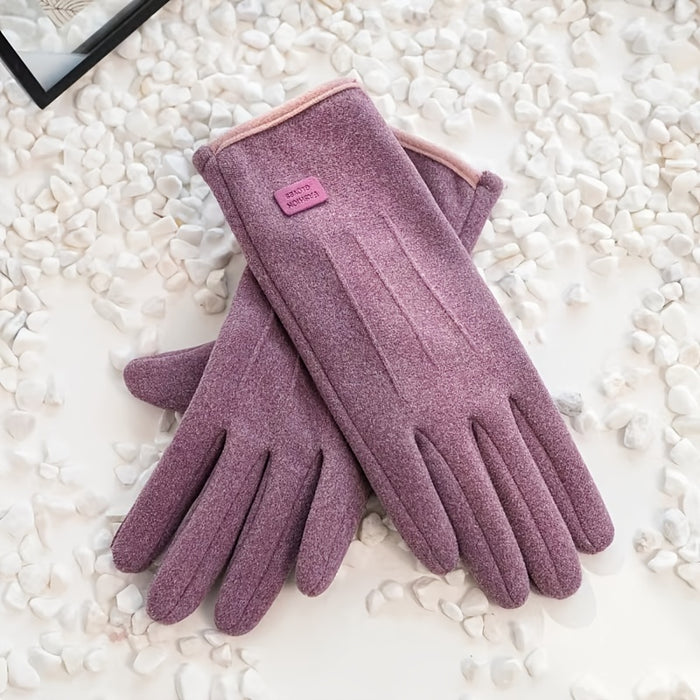 1 Pair of Thermal Fleece-Lined Polyester Gloves for Women, Touchscreen Compatible, Elastic Warm Outdoor Driving and Cycling Gloves