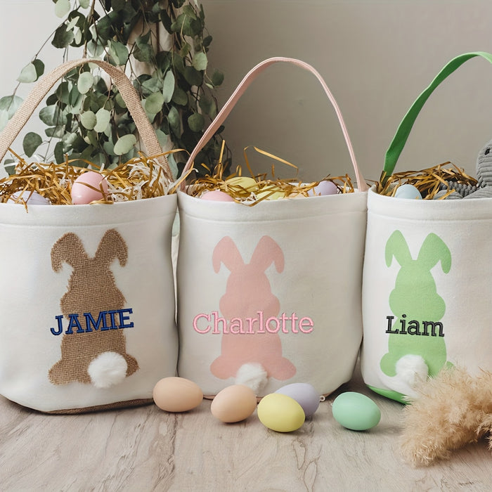 1pc Personalized Easter Basket with Embroidered Name - Cute Foldable Polyester Egg Hunt Basket, Lightweight & Hand Washable, Perfect for Easter Egg Hunts and Gifts, Personalized Gifts | Pastel Colored Basket | Foldable Design
