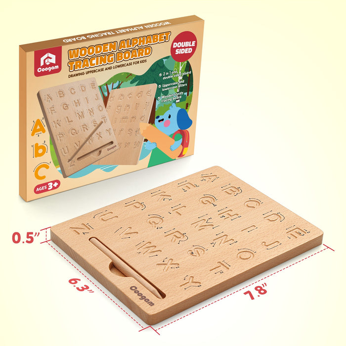 Coogam Wooden Letters Practicing Board - Double-Sided Alphabet Tracing Tool - Educational Toy Game for Fine Motor Skills - For Preschool Kids Aged 3-5 Years - Perfect Gift for Learning ABCs