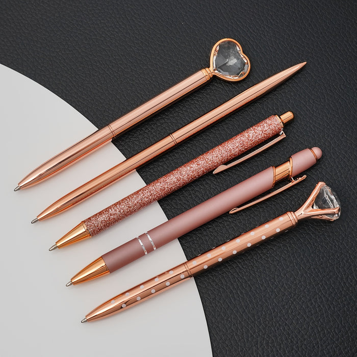 3/5/8pcs Rose Gold Ballpoint Pen Set Liquid Sand Glitter Metal Crystal Diamond shape Pen Girly Black Ink Pen Gifts for Wedding Office Desk Supplies