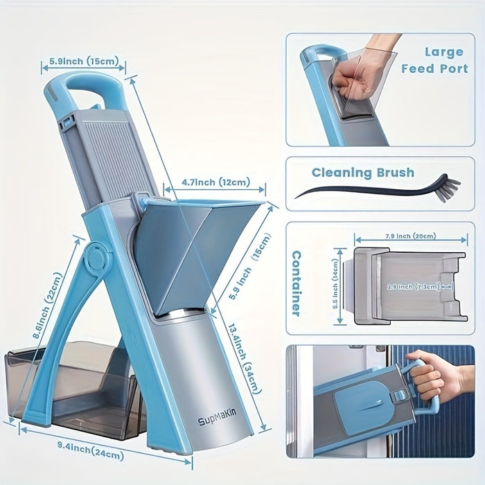 Adjustable Manual Mandoline Slicer with Stainless Steel Blades – Large Vegetable & Fruit Dicer, Julienne Cutter, No Electricity Needed, Durable ABS Material, Blue & Gray Design, Includes Interchangeable Attachments for Vers