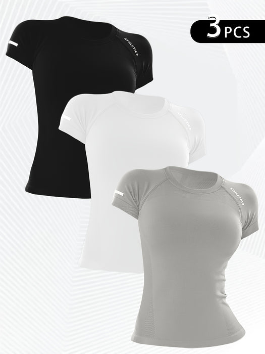 3pcs Women's Athletic T-Shirts - High Stretch, Breathable Nylon Short Sleeve Yoga & Fitness Tops with Letter Design in Black, Gray, and Teal