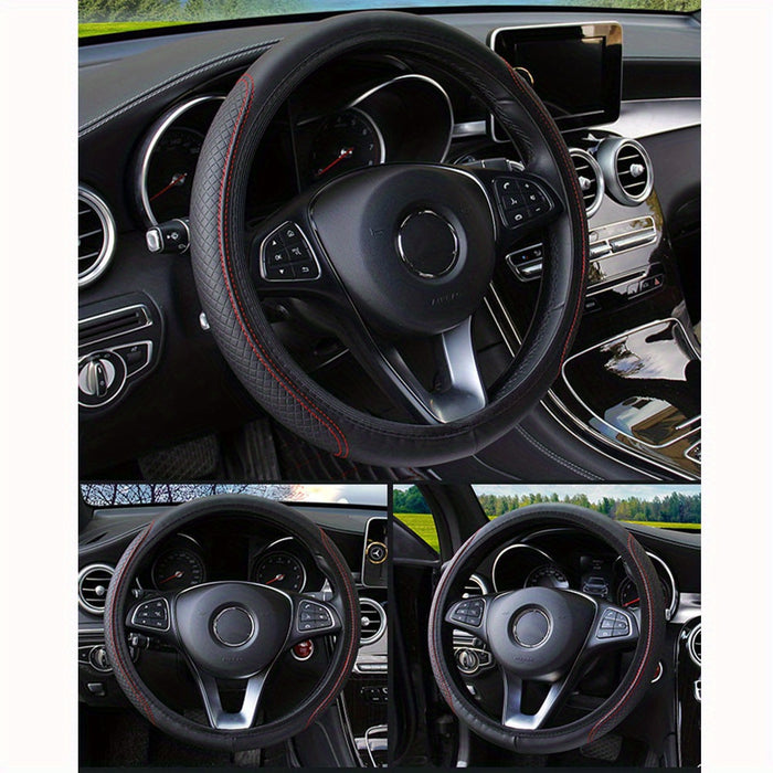 Embossed Faux Leather Car Steering Wheel Cover, Soft Comfortable Grip, Universal Fit 14.57-14.96inch Diameter, Automotive Accessory without Inner Ring