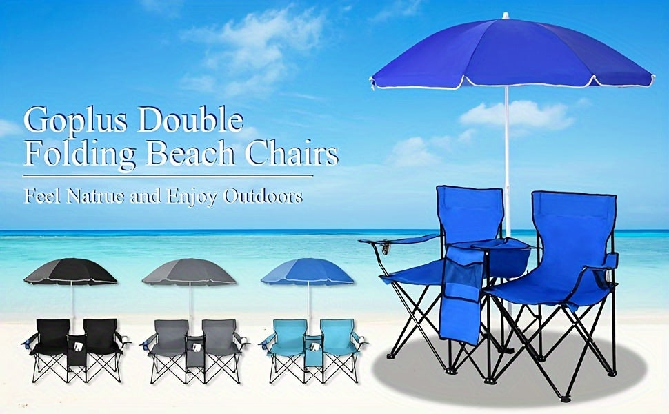 Portable Folding Picnic Double Chair W/Umbrella Table Cooler Beach Camping