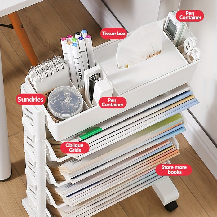 1pc Five-Level Bookshelf Shelf, Movable Desk Side Bookshelf, Floor Desk Small Cart, Book Storage Shelf, Office Study Supplies Storage Rack, Pen Holder, Lesson Book, Document Storage, Office Supplies