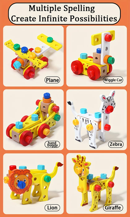 Kids' Wooden Animal Pattern Toolbox Toys With Hand Rope, Cute Cartoon Educational Toys For Boys Girls, Children's Building Block Assembly Toy, Birthday Gifts