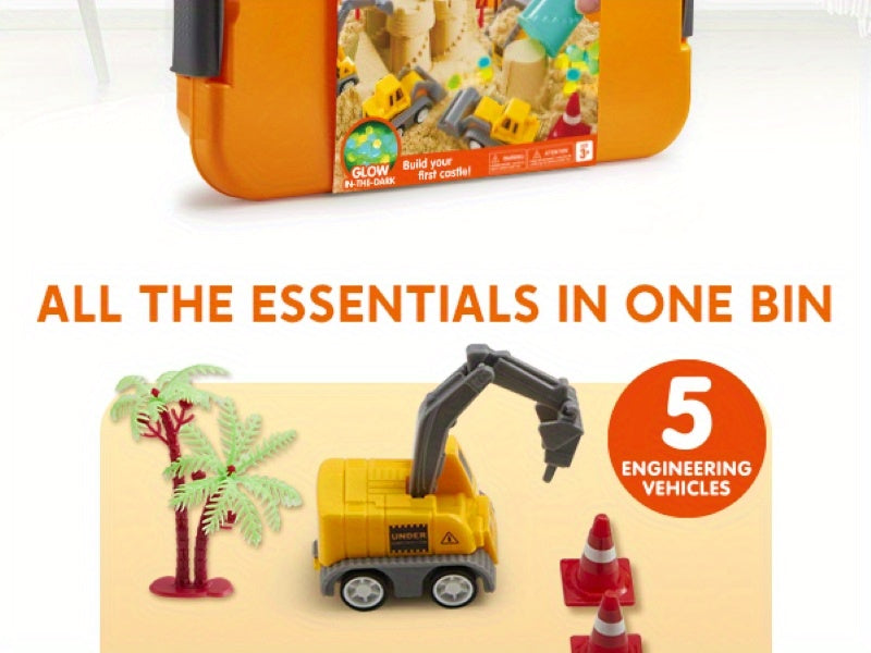 DIY Construction Sensory Bin for Toddlers with Glow in The Dark Stones, Sandbox with Lid Castle Building kit, Preschool Learning Activities Gifts for Boys Girls Age 3+