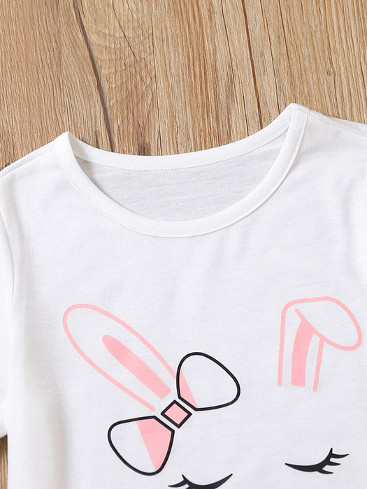 2pcs Toddler Girls Easter Cartoon Bunny Graphic T-Shirts Round Neck Short Sleeve Tees Top & Elastic Waist Belted Stripe Shorts Set Kids Summer Outdoor Clothes
