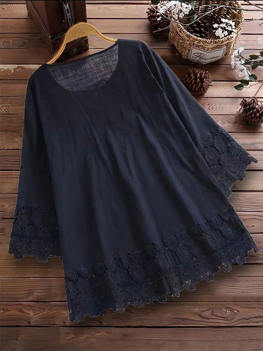 Plus Size Floral Applique Lace Blouse, Tie Neck Short Sleeve Women's Top