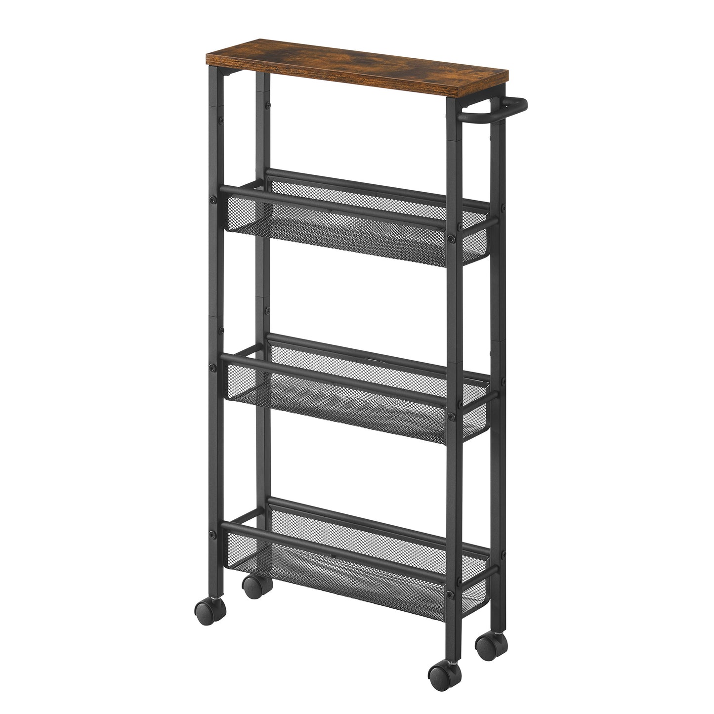 VASAGLE 4-Tier Steel Rolling Storage Cart with Hardwood Top, Rustic Brown & Black, Slim 5.1" Deep Organizer, with Wood-Based Panel & Metal Frame, for Kitchen, Dining, Living Room, Home Office