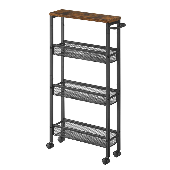 VASAGLE 4-Tier Steel Rolling Storage Cart with Hardwood Top, Rustic Brown & Black, Slim 5.1" Deep Organizer, with Wood-Based Panel & Metal Frame, for Kitchen, Dining, Living Room, Home Office