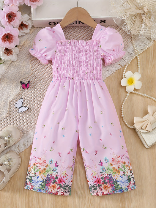 Elegant Floral Print Romper for Youngsters - Casual Retro Style with Puff Sleeves, Polyester, Non-Stretch Fabric, Square Neckline, Spring/Summer Wear, Romper for Girls, for Outdoor