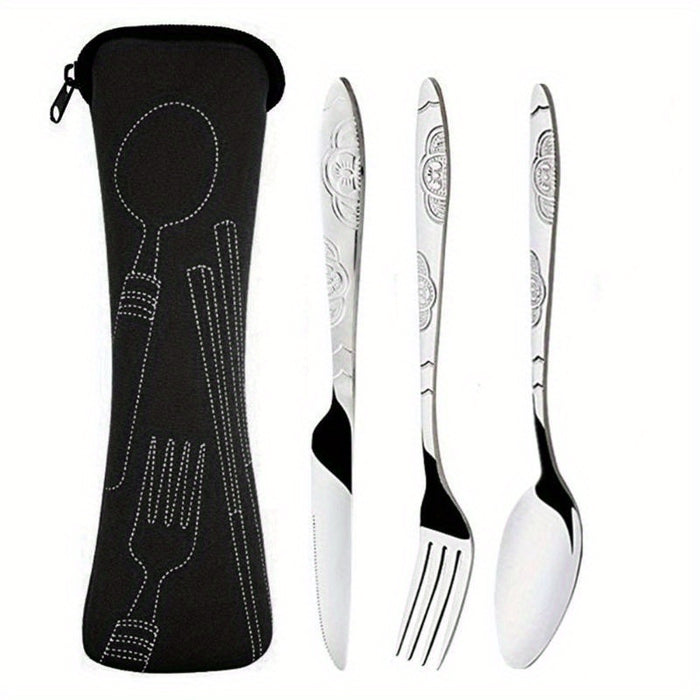 3pcs Set Dinnerware Portable Printed Knifes Fork Spoon Stainless Steel Family Camping Steak Cutlery Tableware with Bag