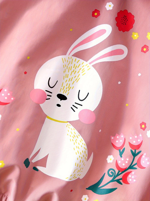 Girls' Spring/Autumn Hooded Coat With Lining, Cute Cartoon Rabbit And Flowers Pattern Clothing For Outdoor Activities