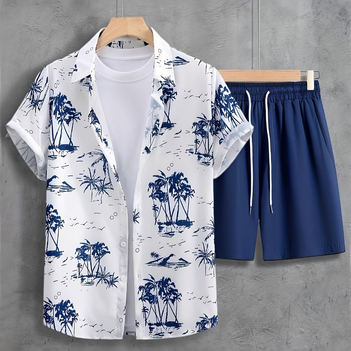 Men'S Casual Summer Tropical Print Short Sleeve Shirt & Drawstring Shorts Set - Comfortable Polyester Fabric, White with Blue Palm Tree Design, Perfect for Beach, Vacation, or Everyday Wear, Vacation Attire|Tropical Print Shi