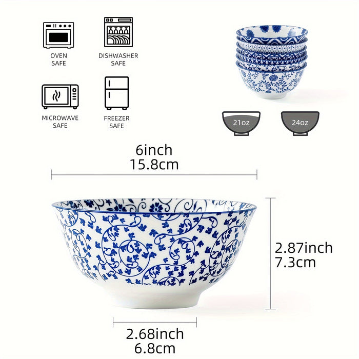 6pcs, Cerkik Ceramic Soup Bowls Set, 12oz/24oz, Porcelain Deep Cereal Bowl, Large Kitchen Dinner Bowl for Eating Salad, Dessert, Pasta, Noodle, Rice, Oatmeal, Microwave Dishwasher Oven Safe, Valentine's Day, Weddings, Vintage