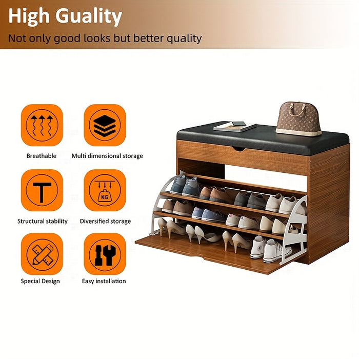 Pine Wood Shoe Bench with Cushioned Seat, Three-Tier Footwear Rack, and Storage Cabinet - Ideal for Bedroom or Entryway, Multi-Compartment Design, No Assembly Required, Shoes Organizer Storage