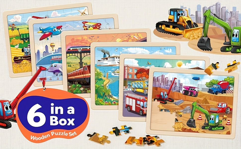 SYNARRY Wooden Car Puzzles For Children, 6 Packs Of 60 Pieces Puzzle Preschool Education Toy Gift For Boys And Girls