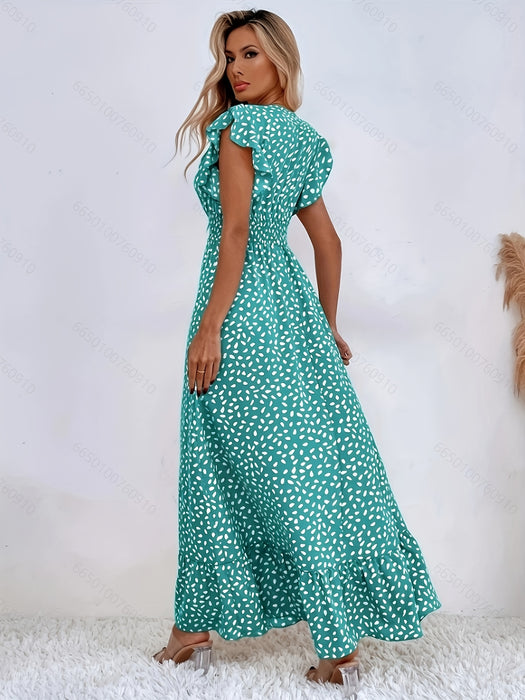 Floral Print Shirred Waist A-Line Dress with Ruffle Sleeves, Women's Summer Vacation Dress