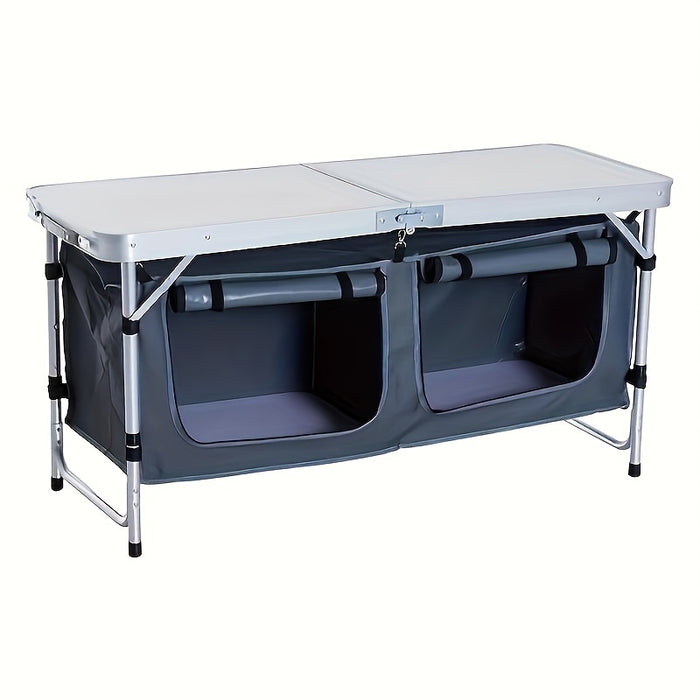 4ft Floral White MDF Tabletop Outdoor Folding Table Aluminum Frame Rectangular with Blue Cloth Cabinet 3 Height Adjustments