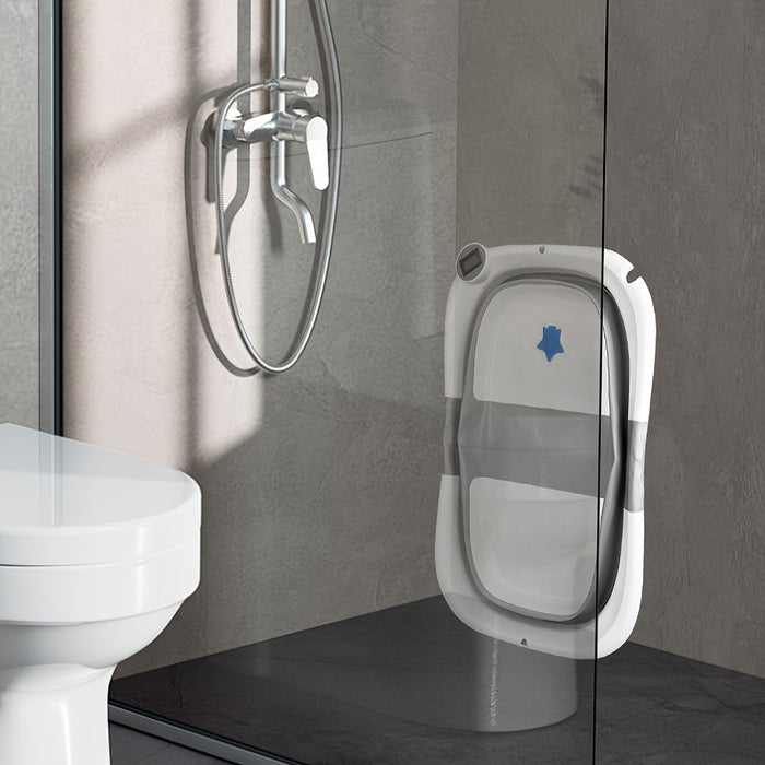 Foldable Baby Bathtub with Thermometer, Portable Travel Newborn Bathtub, with Soft Pad And Thermometer, Drainage Hole, Durable Foldable Youngsters Bathtub for 0-36 Months, Thickened Non-Slip Cushion, Smart Temperature Measure