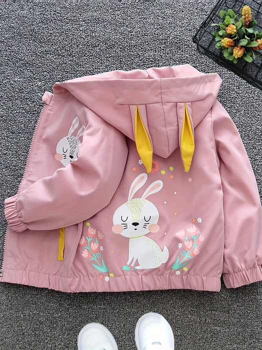 Girls' Spring/Autumn Hooded Coat With Lining, Cute Cartoon Rabbit And Flowers Pattern Clothing For Outdoor Activities