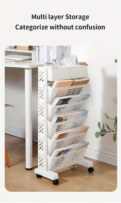 1pc Five-Level Bookshelf Shelf, Movable Desk Side Bookshelf, Floor Desk Small Cart, Book Storage Shelf, Office Study Supplies Storage Rack, Pen Holder, Lesson Book, Document Storage, Office Supplies