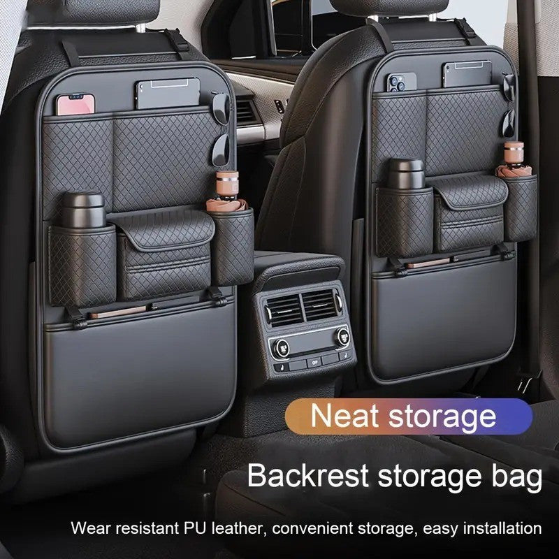 Premium PU Leather Car Backseat Organizer Large Capacity Multi-Functional Storage Bag with Dual Mesh Pockets