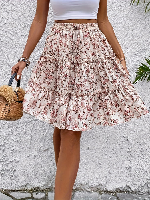 Floral Print Elastic Waist Skirt, Elegant Tiered Knee Length A-line Skirt For Spring & Summer, Women's Clothing