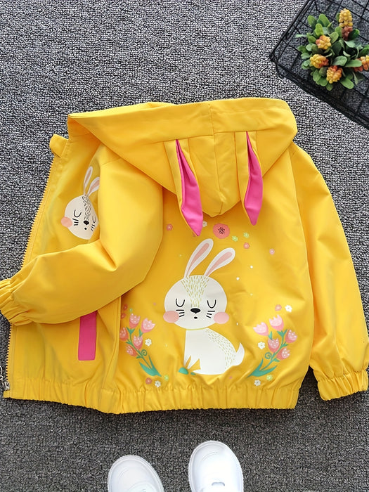 Girls' Spring/Autumn Hooded Coat With Lining, Cute Cartoon Rabbit And Flowers Pattern Clothing For Outdoor Activities