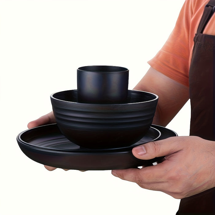 16pcs/set of indestructible plates, shatterproof tableware set, microwave dishwasher safe, reusable tableware, black set of 8 plates, 4 bowls, 4 cups - suitable for camping and daily use