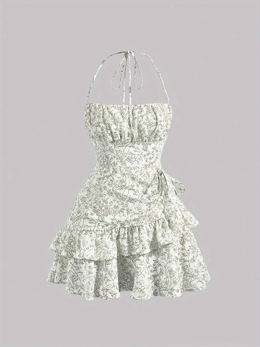 Floral Print Layered Ruffle Hem Halter Dress - Sleeveless Summer Dress for Women