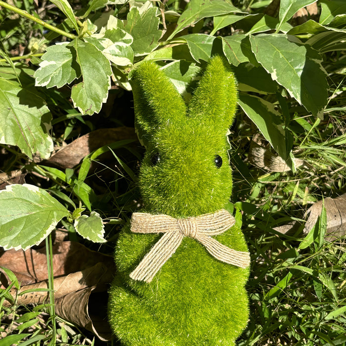 1pc Charming Green Flocked Bunny Statue, 6.6" - Easter & Spring Garden Decor, Outdoor Moss Rabbit with Ribbon Accent, Ideal for Holiday Celebrations & Home Yard Display
