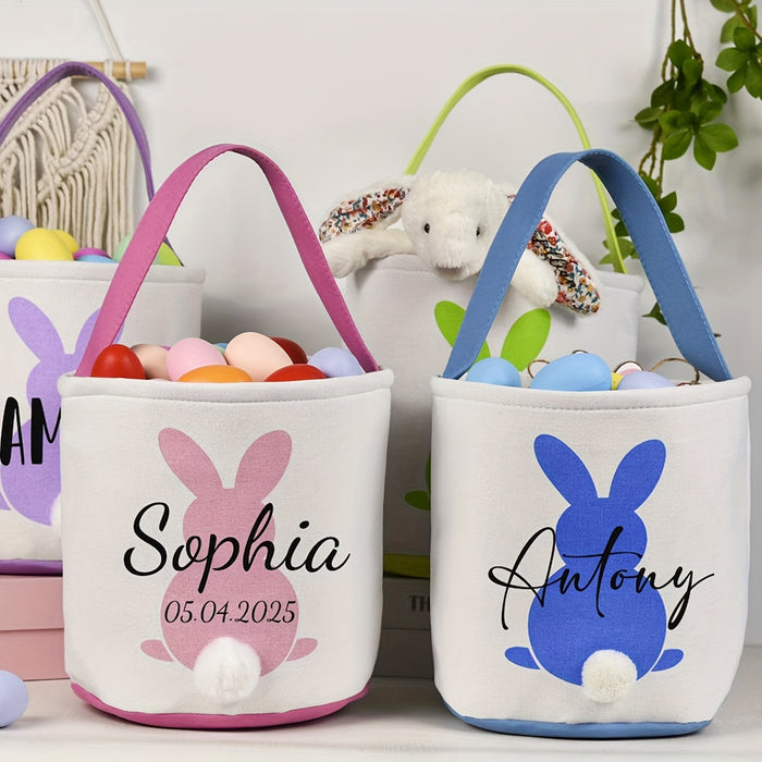 1pc Personalized Easter Basket with Embroidered Name - Cute Foldable Polyester Egg Hunt Basket, Lightweight & Hand Washable, Perfect for Easter Egg Hunts and Gifts, Personalized Gifts | Pastel Colored Basket | Foldable Design