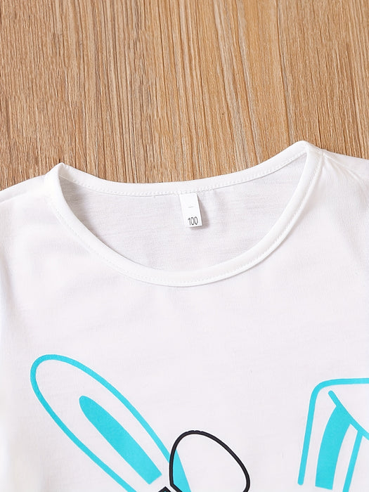 2pcs Toddler Girls Easter Cartoon Bunny Graphic T-Shirts Round Neck Short Sleeve Tees Top & Elastic Waist Belted Stripe Shorts Set Kids Summer Outdoor Clothes