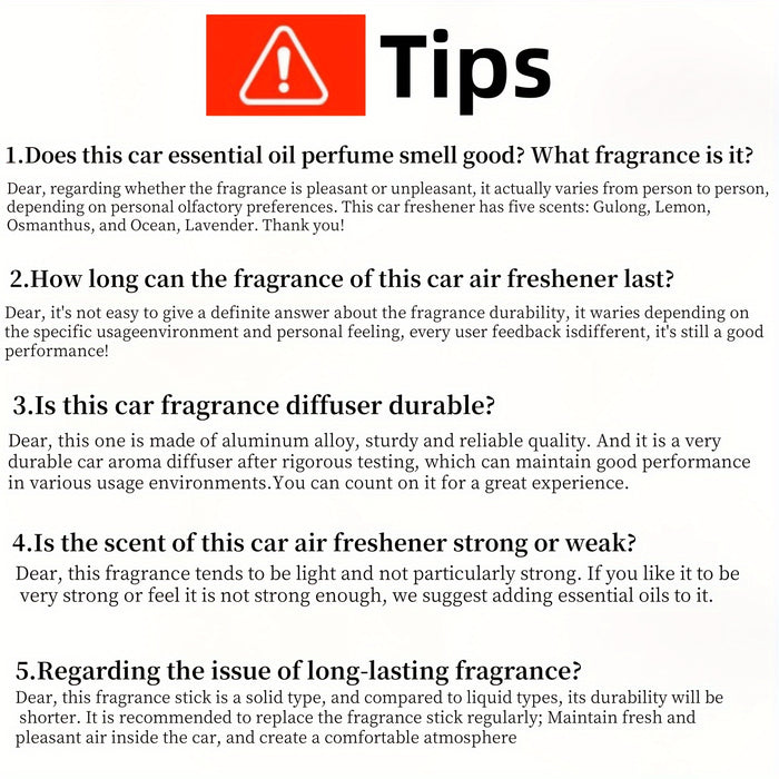 Car Air Freshener Vent Clip with Essential Oil Scents - Aromatherapy Diffuser for Refreshing Fragrance - 5 Scent Sticks and Holder