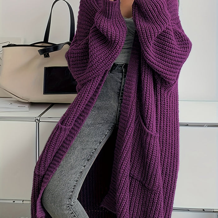 Women's Solid Color Open Front Knitted Cardigan, Long Sleeve, Spring/Fall Casual Wear