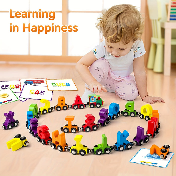 Vanmor 27 PCS Magnetic Wooden Alphabet Train Sets - ABC Letter Learning Toy Trains With 42 PCS Flash Cards, 1 Engine, 1 Storage Bag - Educational Toys for Toddlers Kids Boys Girls Ages 3-7 - Perfect Gift for Early Learning