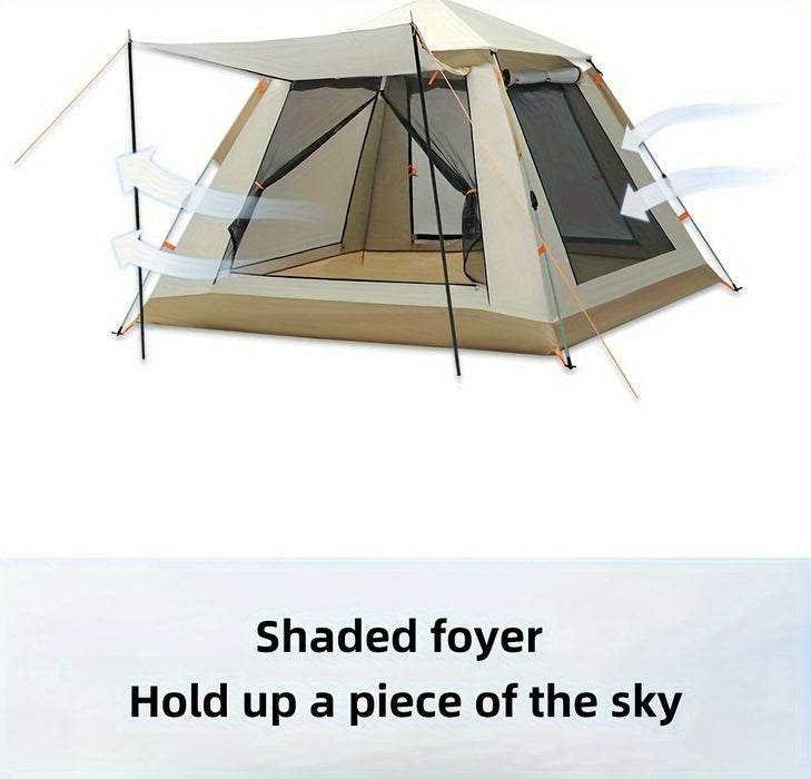 8-Person Family Camping Tent with Canopy - Quick Setup, Mosquito Netting, Windproof, All-Season, Beige, UV Protection, Multi-Band Sunshade, Durable Oxford Fabric, Perfect for Outdoor Adventures, Campers Accessories